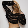 Black Crochet Mesh Crop Sweater with Leopard Print Skull and Pink Foil Hearts - Image 4
