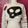 White Crochet Mesh Crop Sweater with Black Vinyl-Look Skull and Pink Foil Hearts - Image 6